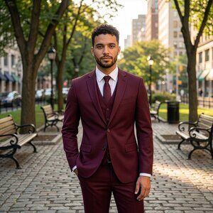 New 2026 Mens 3pc Burgundy Suit Set, Hybrid Fit